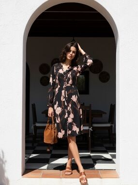 a new day Black Midi Dress with Pink Floral Print Sz. L